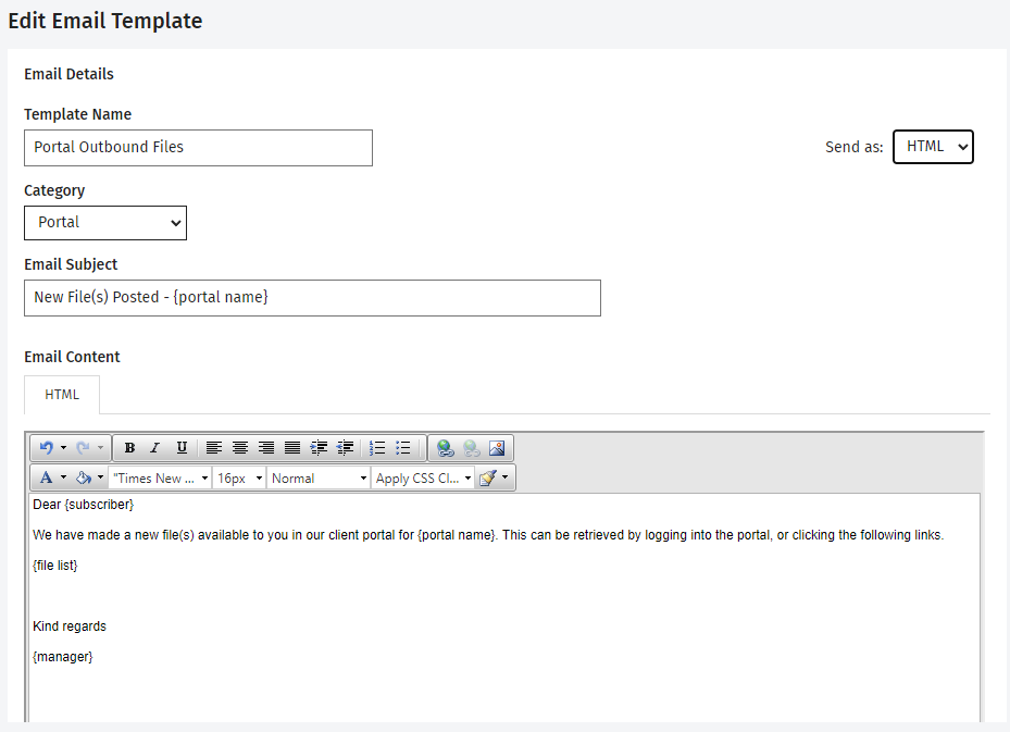 Manage portal email templates